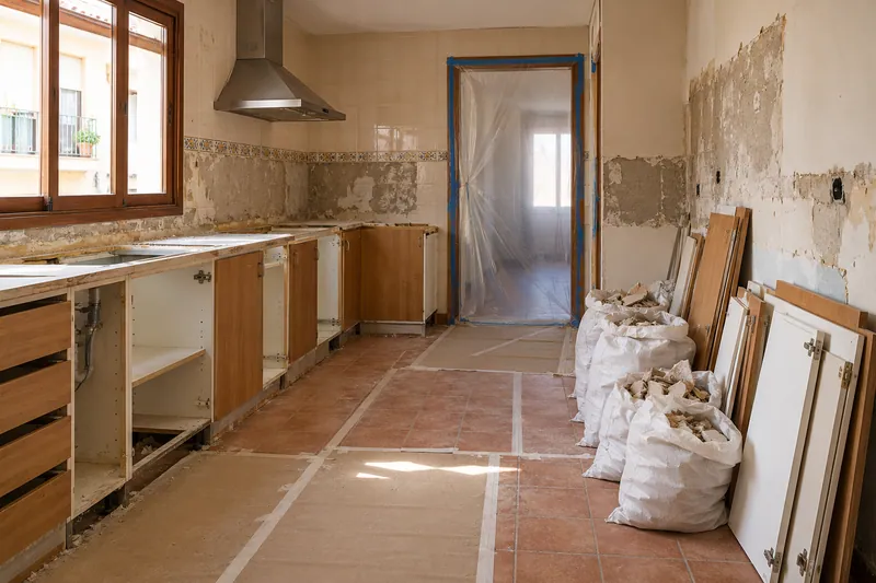 Visualización conceptual IA: Retirada de muebles y revestimientos al comienzo de una reforma de cocina.